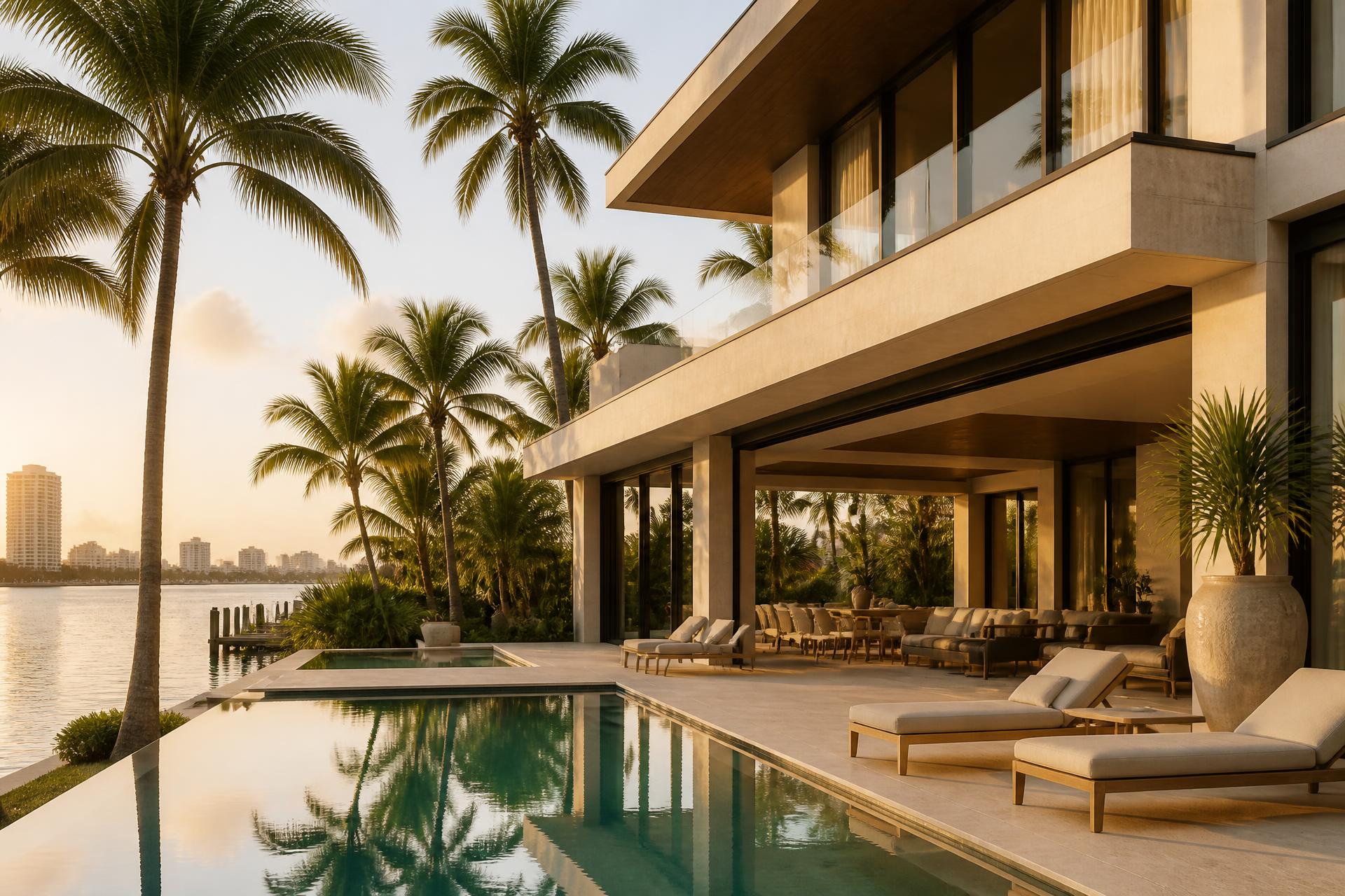 Modern South Florida waterfront home at golden hour